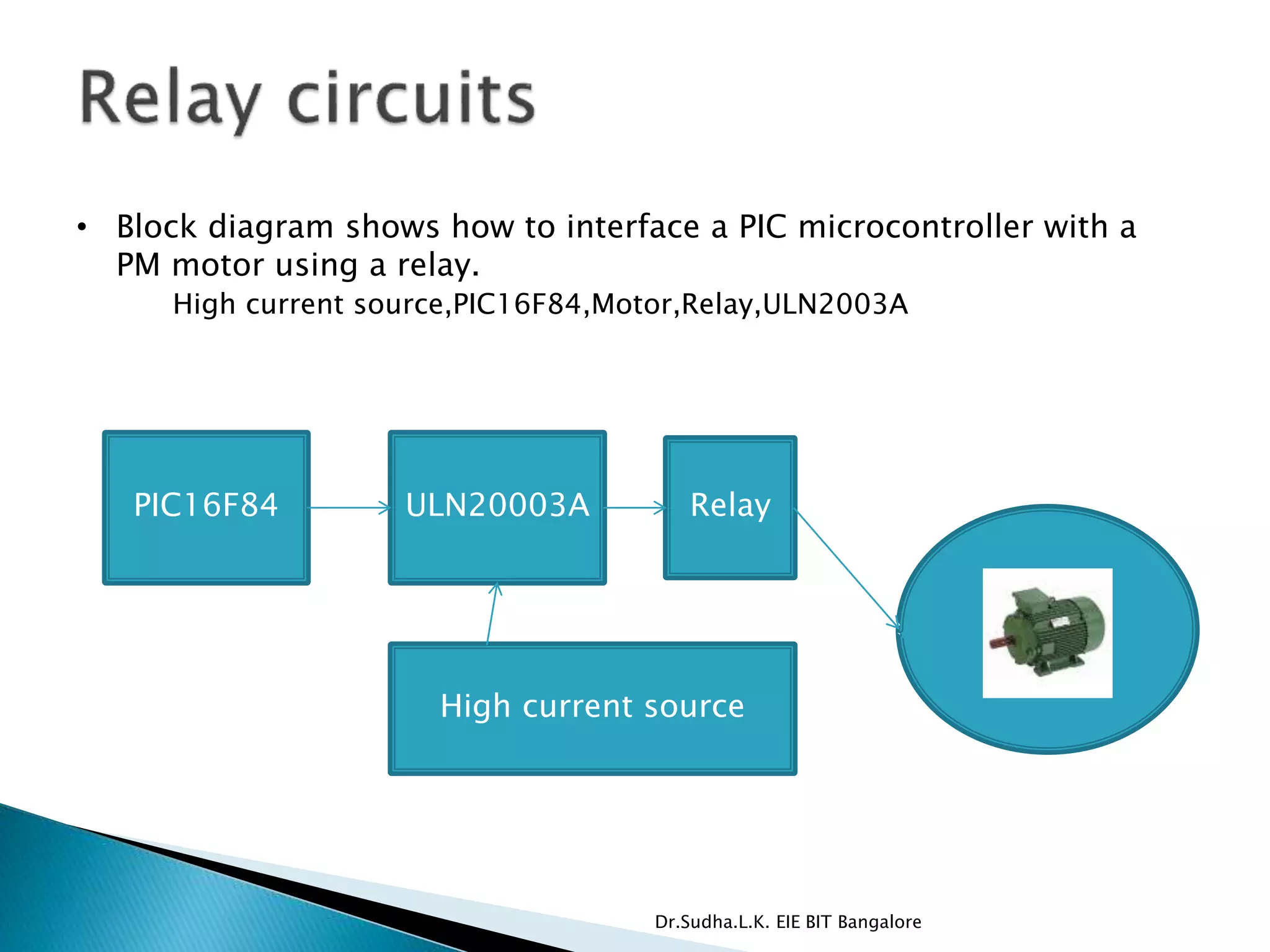 PIC16F84 ULN20003A Relay
High current source
• Block diagram shows how to interface a PIC microcontroller with a
PM motor using a relay.
High current source,PIC16F84,Motor,Relay,ULN2003A
Dr.Sudha.L.K. EIE BIT Bangalore
 