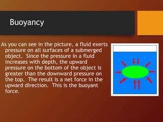 Buoyancy
As you can see in the picture, a fluid exerts
pressure on all surfaces of a submerged
object. Since the pressure in a fluid
increases with depth, the upward
pressure on the bottom of the object is
greater than the downward pressure on
the top. The result is a net force in the
upward direction. This is the buoyant
force.
 
