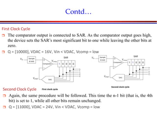Introduction to VLSI Circuits and Systems, NCUT 2007
Contd…
First Clock Cycle
 The comparator output is connected to SAR. As the comparator output goes high,
the device sets the SAR’s most significant bit to one while leaving the other bits at
zero.
 Q = [10000], VDAC = 16V, Vin < VDAC, Vcomp = low
Second Clock Cycle
 Again, the same procedure will be followed. This time the n-1 bit (that is, the 4th
bit) is set to 1, while all other bits remain unchanged.
 Q = [11000], VDAC = 24V, Vin < VDAC, Vcomp = low
 