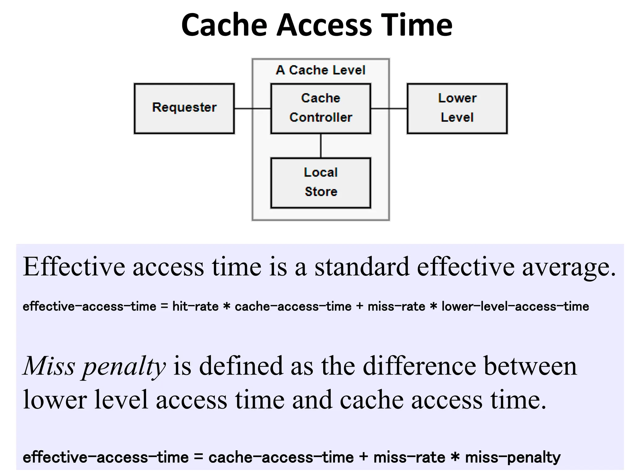 Cache Access Time
Effective access time is a standard effective average.
effective-access-time = hit-rate * cache-access-time + miss-rate * lower-level-access-time
Miss penalty is defined as the difference between
lower level access time and cache access time.
effective-access-time = cache-access-time + miss-rate * miss-penalty
 