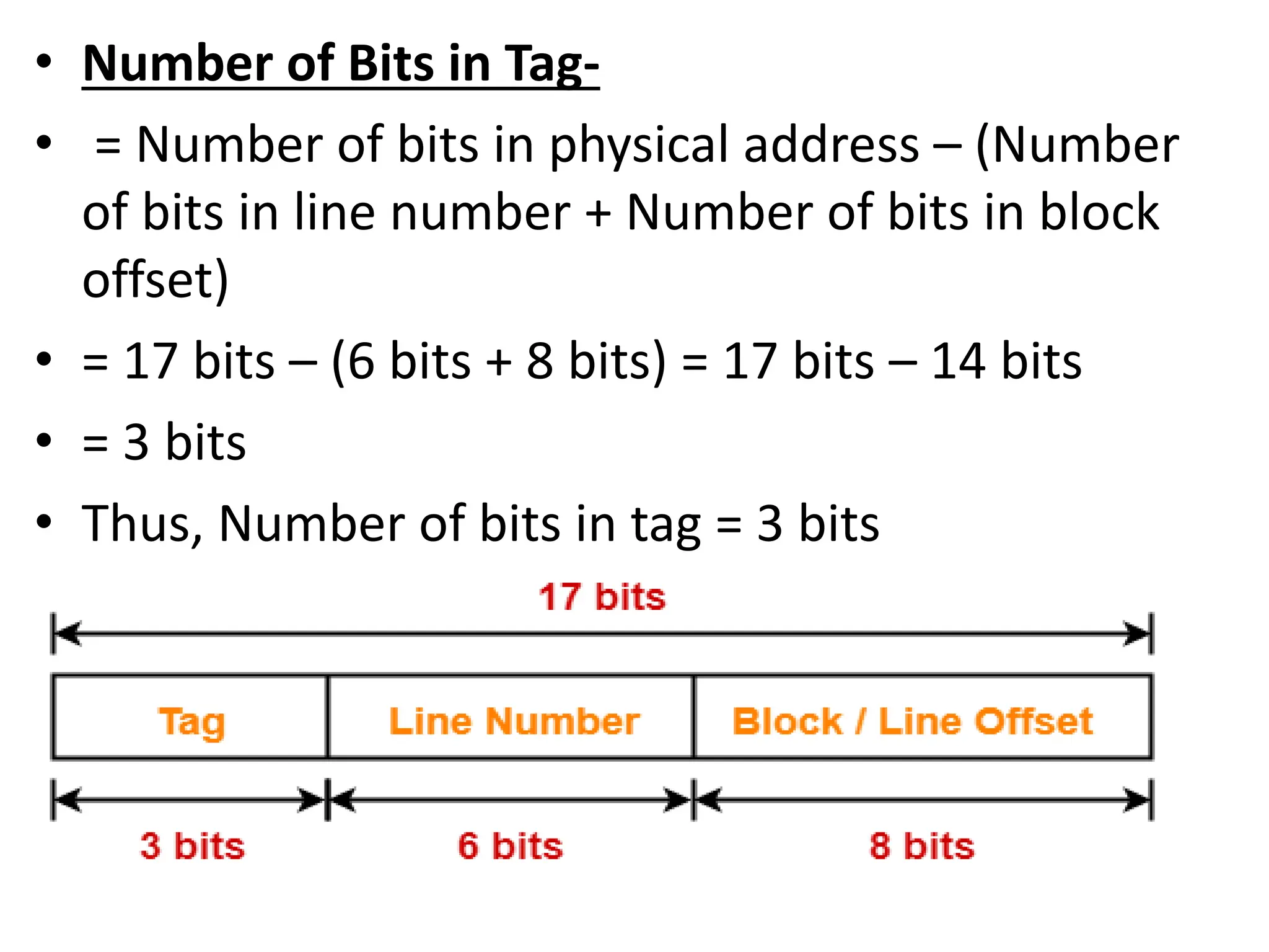 • Number of Bits in Tag-
• = Number of bits in physical address – (Number
of bits in line number + Number of bits in block
offset)
• = 17 bits – (6 bits + 8 bits) = 17 bits – 14 bits
• = 3 bits
• Thus, Number of bits in tag = 3 bits
 