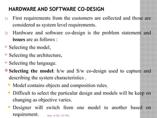Dept. of ECE, JIT, DVG
HARDWARE AND SOFTWARE CO-DESIGN
1) First requirements from the customers are collected and those are
considered as system level requirements.
2) Hardware and software co-design is the problem statement and
issues are as follows :
 Selecting the model,
 Selecting the architecture,
 Selecting the language.
 Selecting the model: h/w and S/w co-design used to capture and
describing the system characteristics .
 Model contains objects and composition rules.
 Difficult to select the particular design and models will be keep on
changing as objective varies.
 Designer will switch from one model to another based on
requirement.
 