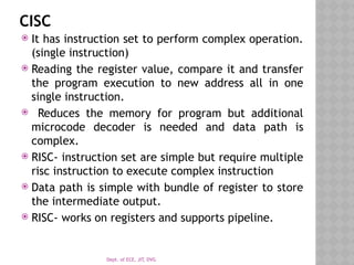 Dept. of ECE, JIT, DVG
CISC
 It has instruction set to perform complex operation.
(single instruction)
 Reading the register value, compare it and transfer
the program execution to new address all in one
single instruction.
 Reduces the memory for program but additional
microcode decoder is needed and data path is
complex.
 RISC- instruction set are simple but require multiple
risc instruction to execute complex instruction
 Data path is simple with bundle of register to store
the intermediate output.
 RISC- works on registers and supports pipeline.
 