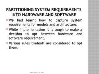 Dept. of ECE, JIT, DVG
PARTITIONING SYSTEM REQUIREMENTS
INTO HARDWARE AND SOFTWARE
 We had learnt how to capture system
requirements for models and architecture.
 While implementation it is tough to make a
decision to opt between hardware and
software requirement.
 Various rules tradeoff are considered to opt
them.
 