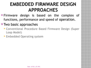 Dept. of ECE, JIT, DVG
EMBEDDED FIRMWARE DESIGN
APPROACHES
 Firmware design is based on the complex of
functions, performance and speed of operation.
 Two basic approaches
 Conventional Procedure Based Firmware Design (Super
Loop Model)
 Embedded Operating system
 