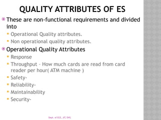 Dept. of ECE, JIT, DVG
QUALITY ATTRIBUTES OF ES
 These are non-functional requirements and divided
into
 Operational Quality attributes.
 Non operational quality attributes.
 Operational Quality Attributes
 Response
 Throughput – How much cards are read from card
reader per hour( ATM machine )
 Safety-
 Reliability-
 Maintainability
 Security-
 