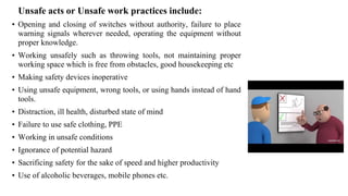 Unsafe acts or Unsafe work practices include:
• Opening and closing of switches without authority, failure to place
warning signals wherever needed, operating the equipment without
proper knowledge.
• Working unsafely such as throwing tools, not maintaining proper
working space which is free from obstacles, good housekeeping etc
• Making safety devices inoperative
• Using unsafe equipment, wrong tools, or using hands instead of hand
tools.
• Distraction, ill health, disturbed state of mind
• Failure to use safe clothing, PPE
• Working in unsafe conditions
• Ignorance of potential hazard
• Sacrificing safety for the sake of speed and higher productivity
• Use of alcoholic beverages, mobile phones etc.
 