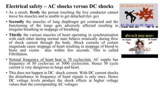 Electrical safety – AC shocks versus DC shocks
• As a result, firstly the person touching the live conductor cannot
move his muscles and is unable to get detached (let- go)
• Secondly the muscles of lung diaphragm get contracted and the
functioning of the lungs gets adversely affected resulting in
irregular breathing or stoppage of breathing.
• Thirdly the various muscles of heart operating in synchronisation
with each other during normal state behave erratically during flow
of shock current through the body. Shock currents of certain
magnitude cause stoppage of heart resulting in stoppage of blood to
brain and victim dies within few seconds. This is called
Fibrillation.
• Normal frequency of heart beat is 70 cycles/min. AC supply has
frequency of 50 cycles/sec or 3000 cycles/min. Hence 50 cycle
current is very dangerous to lungs and heart.
• This does not happen in DC shock current. With DC current shocks
the disturbance in frequency of heart signals is only once. Hence
DC voltage levels produce the shock effects at higher voltage
values than the corresponding AC voltages
 