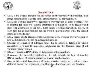 16
Role of DNA
 DNA is the genetic material which carries all the hereditary information. The
genetic information is coded in the arrangement of its nitrogen bases.
 DNA has a unique property of replication or production of carbon copies. This
is essential for transfer of genetic information from one cell to its daughter and
from one generation to the next. Replication is semiconservative, that is, in
each new duplex one strand is derived from the parent duplex while the second
strand is formed anew.
 DNA occurs inside chromosomes. During meiosis, crossing over gives rise to
new combination of genes called recombinations.
 Changes in sequence of nitrogen bases due to addition, deletion or wrong
replication give rise to mutations. Mutations are the fountain head of all
variations and evolution.
 DNA gives rise to RNAs through the process of transcription.
 It controls the metabolic reactions of the cell through the help of specific
RNAs, synthesis of specific proteins, enzymes and hormones.
 Due to differential functioning of some specific regions of DNA or genes,
different parts of the organisms get differentiated in shape, size and functions.
 
