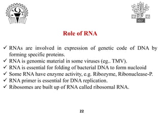 Role of RNA
 RNAs are involved in expression of genetic code of DNA by
forming specific proteins.
 RNA is genomic material in some viruses (eg.. TMV).
 RNA is essential for folding of bacterial DNA to form nucleoid
 Some RNA have enzyme activity, e.g. Ribozyme, Ribonuclease-P.
 RNA primer is essential for DNA replication.
 Ribosomes are built up of RNA called ribosomal RNA.
22
 