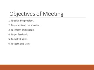 Objectives of Meeting
1. To solve the problem.
2. To understand the situation.
3. To inform and explain.
4. To get feedback
5. To collect ideas.
6. To learn and train
 