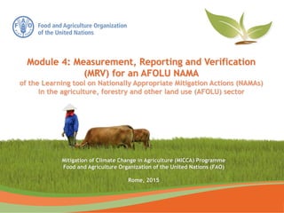 Mitigation of Climate Change in Agriculture (MICCA) Programme
Food and Agriculture Organization of the United Nations (FAO)
Rome, 2015
Module 4: Measurement, Reporting and Verification
(MRV) for an AFOLU NAMA
of the Learning tool on Nationally Appropriate Mitigation Actions (NAMAs)
in the agriculture, forestry and other land use (AFOLU) sector
 
