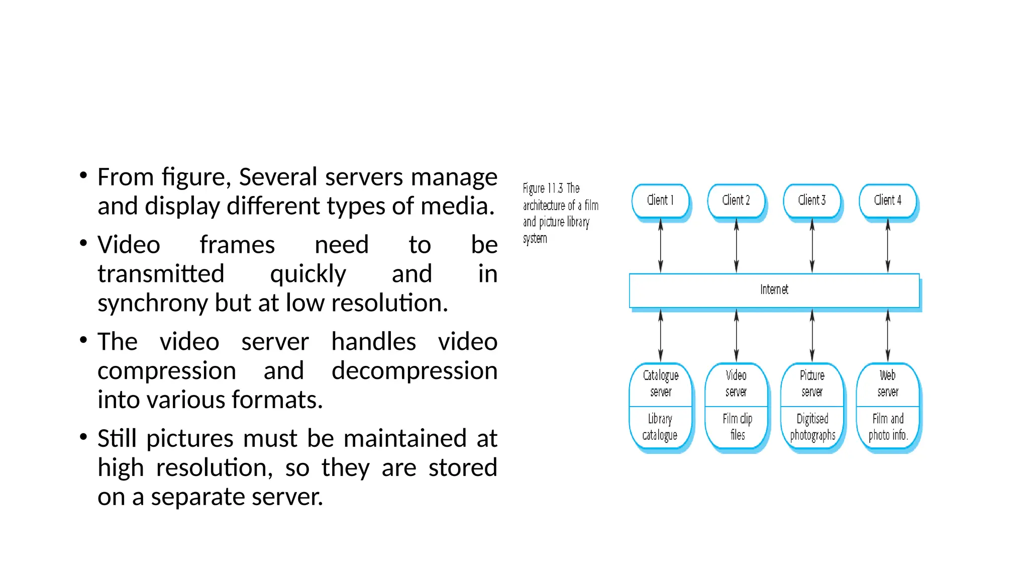 • From figure, Several servers manage
and display different types of media.
• Video frames need to be
transmitted quickly and in
synchrony but at low resolution.
• The video server handles video
compression and decompression
into various formats.
• Still pictures must be maintained at
high resolution, so they are stored
on a separate server.
 