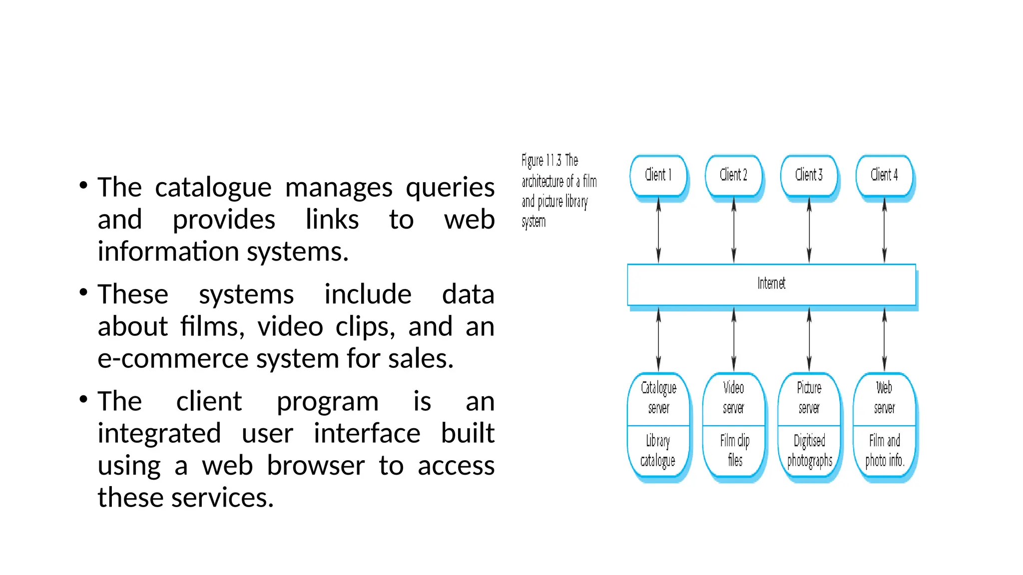 • The catalogue manages queries
and provides links to web
information systems.
• These systems include data
about films, video clips, and an
e-commerce system for sales.
• The client program is an
integrated user interface built
using a web browser to access
these services.
 