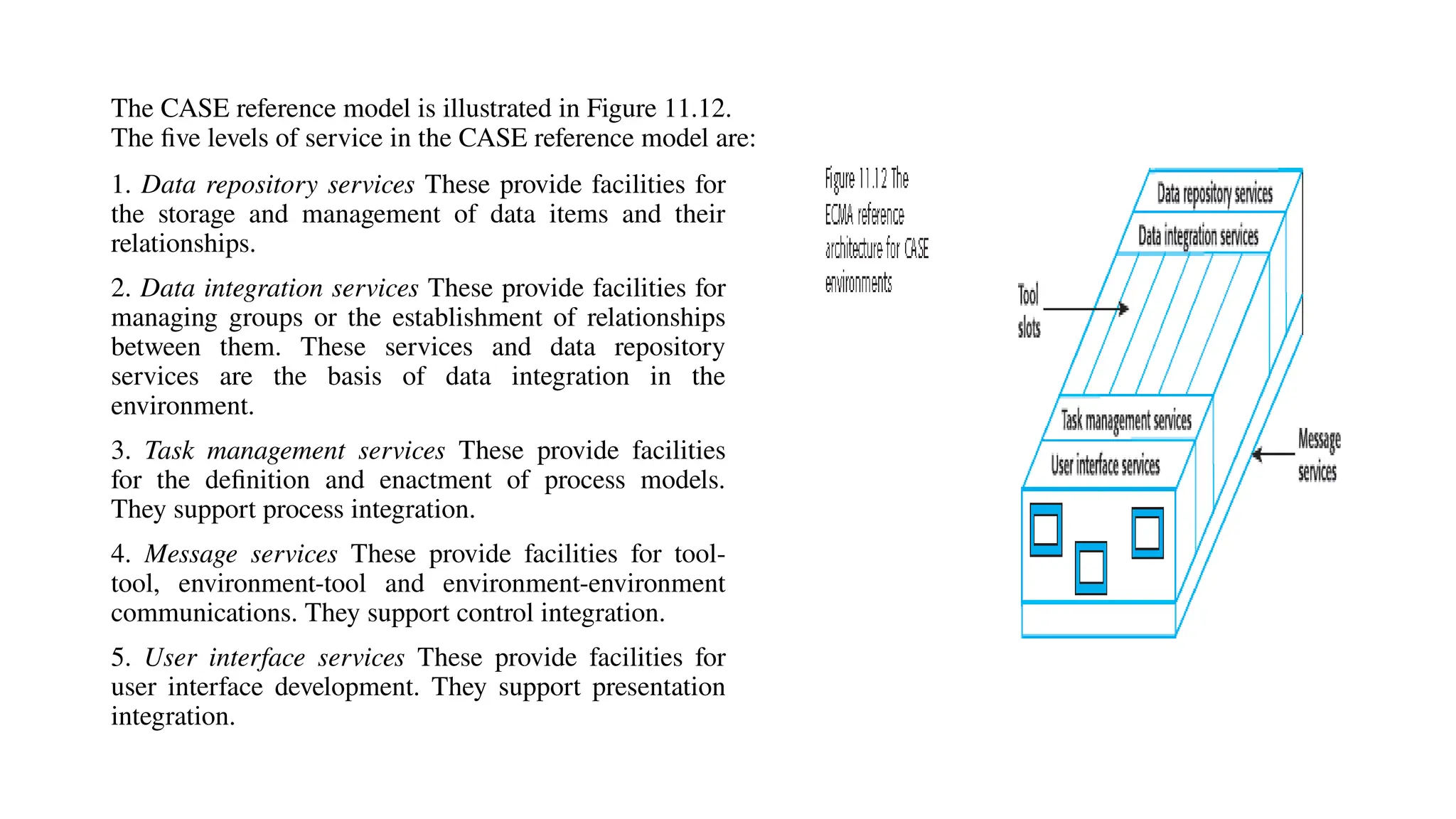 The CASE reference model is illustrated in Figure 11.12.
The five levels of service in the CASE reference model are:
1. Data repository services These provide facilities for
the storage and management of data items and their
relationships.
2. Data integration services These provide facilities for
managing groups or the establishment of relationships
between them. These services and data repository
services are the basis of data integration in the
environment.
3. Task management services These provide facilities
for the definition and enactment of process models.
They support process integration.
4. Message services These provide facilities for tool-
tool, environment-tool and environment-environment
communications. They support control integration.
5. User interface services These provide facilities for
user interface development. They support presentation
integration.
 