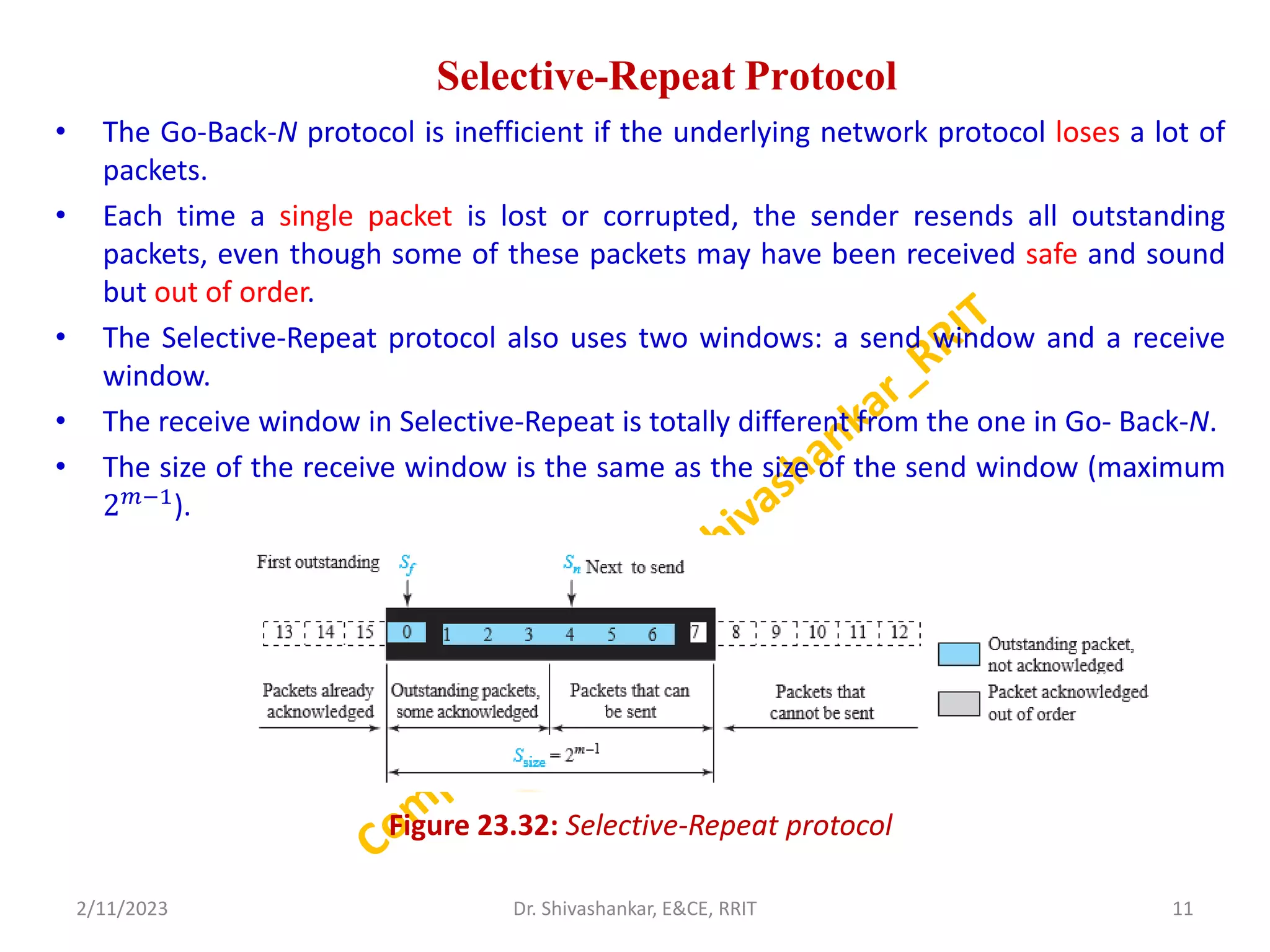 Selective-Repeat Protocol
• The Go-Back-N protocol is inefficient if the underlying network protocol loses a lot of
packets.
• Each time a single packet is lost or corrupted, the sender resends all outstanding
packets, even though some of these packets may have been received safe and sound
but out of order.
• The Selective-Repeat protocol also uses two windows: a send window and a receive
window.
• The receive window in Selective-Repeat is totally different from the one in Go- Back-N.
• The size of the receive window is the same as the size of the send window (maximum
2𝑚−1
).
Figure 23.32: Selective-Repeat protocol
2/11/2023 11
Dr. Shivashankar, E&CE, RRIT
 
