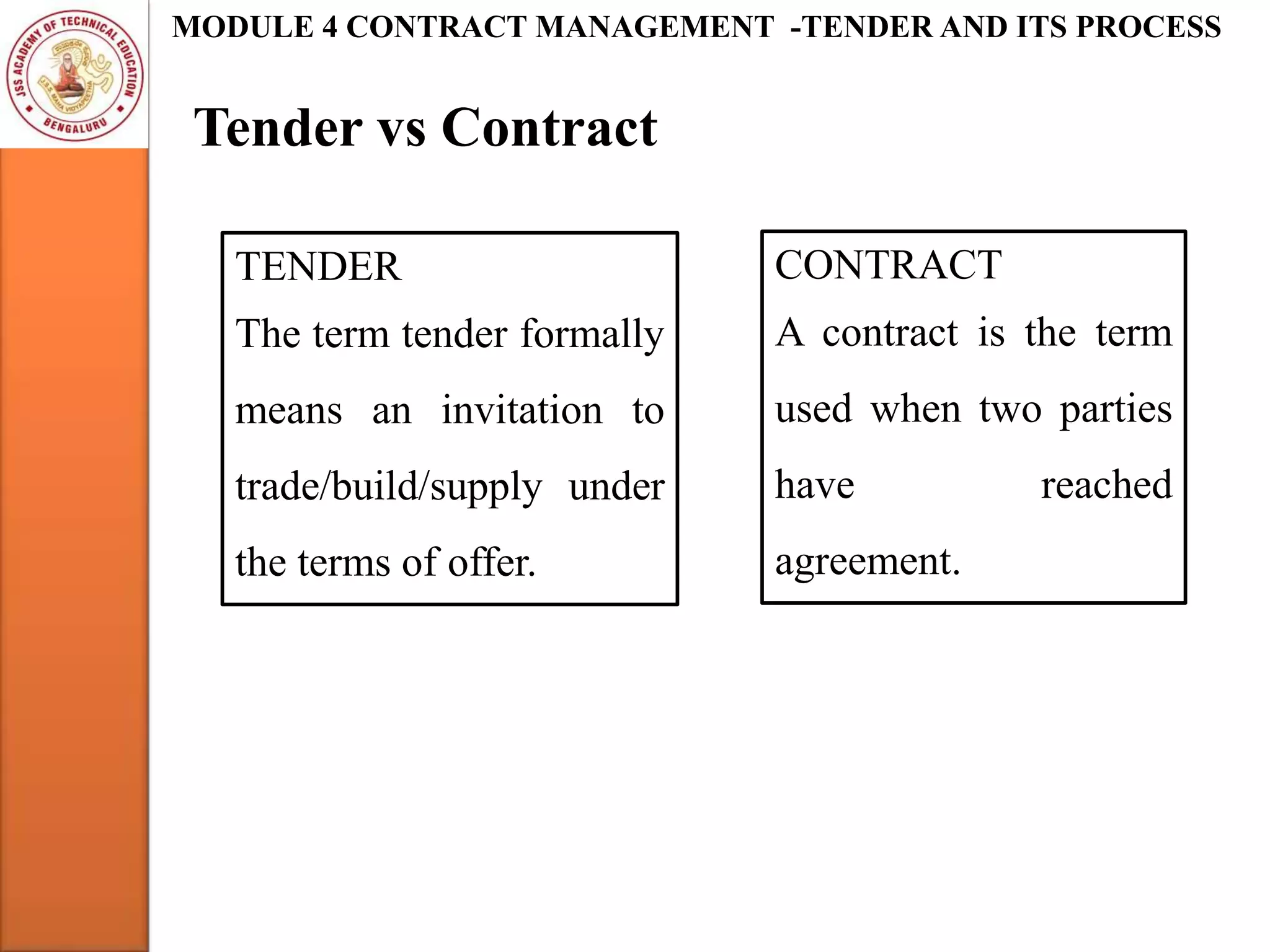 Tender vs Contract
MODULE 4 CONTRACT MANAGEMENT -TENDER AND ITS PROCESS
TENDER
The term tender formally
means an invitation to
trade/build/supply under
the terms of offer.
CONTRACT
A contract is the term
used when two parties
have reached
agreement.
 