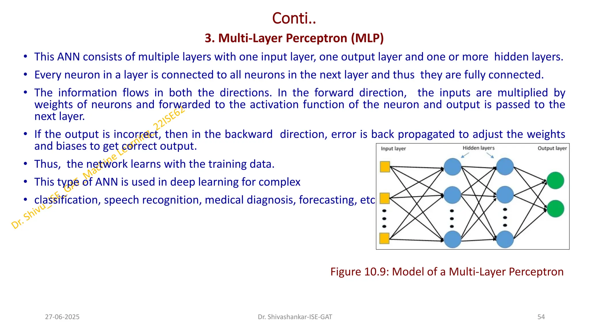 Conti..
3. Multi-Layer Perceptron (MLP)
• This ANN consists of multiple layers with one input layer, one output layer and one or more hidden layers.
• Every neuron in a layer is connected to all neurons in the next layer and thus they are fully connected.
• The information flows in both the directions. In the forward direction, the inputs are multiplied by
weights of neurons and forwarded to the activation function of the neuron and output is passed to the
next layer.
• If the output is incorrect, then in the backward direction, error is back propagated to adjust the weights
and biases to get correct output.
• Thus, the network learns with the training data.
• This type of ANN is used in deep learning for complex
• classification, speech recognition, medical diagnosis, forecasting, etc.
Figure 10.9: Model of a Multi-Layer Perceptron
27-06-2025 54
Dr. Shivashankar-ISE-GAT
 