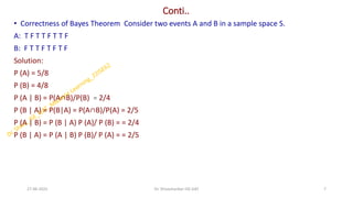 Conti..
• Correctness of Bayes Theorem Consider two events A and B in a sample space S.
A: T F T T F T T F
B: F T T F T F T F
Solution:
P (A) = 5/8
P (B) = 4/8
P (A | B) = P(A∩B)/P(B) = 2/4
P (B | A) = P(B|A) = P(A∩B)/P(A) = 2/5
P (A | B) = P (B | A) P (A)/ P (B) = = 2/4
P (B | A) = P (A | B) P (B)/ P (A) = = 2/5
27-06-2025 7
Dr. Shivashankar-ISE-GAT
 