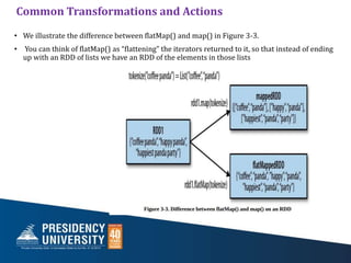• We illustrate the difference between flatMap() and map() in Figure 3-3.
• You can think of flatMap() as “flattening” the iterators returned to it, so that instead of ending
up with an RDD of lists we have an RDD of the elements in those lists
Common Transformations and Actions
 