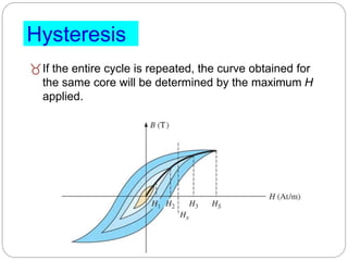 If the entire cycle is repeated, the curve obtained for
the same core will be determined by the maximum H
applied.
Hysteresis
 