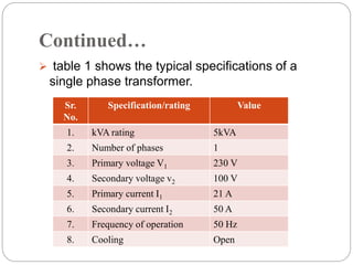 Continued…
 table 1 shows the typical specifications of a
single phase transformer.
Sr.
No.
Specification/rating Value
1. kVA rating 5kVA
2. Number of phases 1
3. Primary voltage V1 230 V
4. Secondary voltage v2 100 V
5. Primary current I1 21 A
6. Secondary current I2 50 A
7. Frequency of operation 50 Hz
8. Cooling Open
 