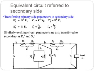 Equivalent circuit referred to
secondary side
•Transferring primary side parameters to secondary side
Similarly exciting circuit parameters are also transferred to
secondary as Ro’ and Xo’
 