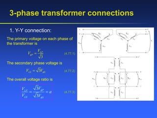 3-phase transformer connections
1. Y-Y connection:
The primary voltage on each phase of
the transformer is
3
LP
P
V
V  (4.77.1)
The secondary phase voltage is
3
LS S
V V
 (4.77.2)
The overall voltage ratio is
3
3
P
LP
LS S
V
V
a
V V


  (4.77.3)
 