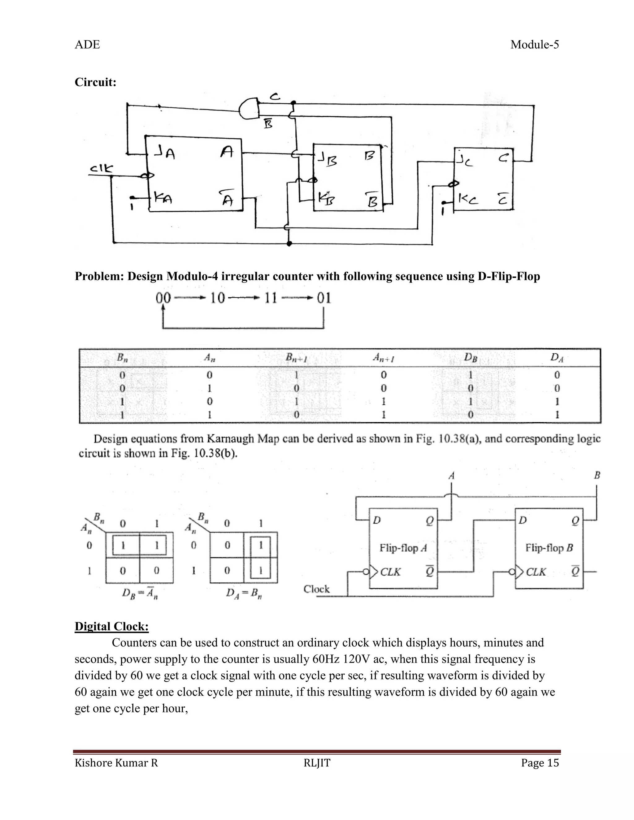 ADE Module-5
Kishore Kumar R RLJIT Page 15
Circuit:
Problem: Design Modulo-4 irregular counter with following sequence using D-Flip-Flop
Digital Clock:
Counters can be used to construct an ordinary clock which displays hours, minutes and
seconds, power supply to the counter is usually 60Hz 120V ac, when this signal frequency is
divided by 60 we get a clock signal with one cycle per sec, if resulting waveform is divided by
60 again we get one clock cycle per minute, if this resulting waveform is divided by 60 again we
get one cycle per hour,
 