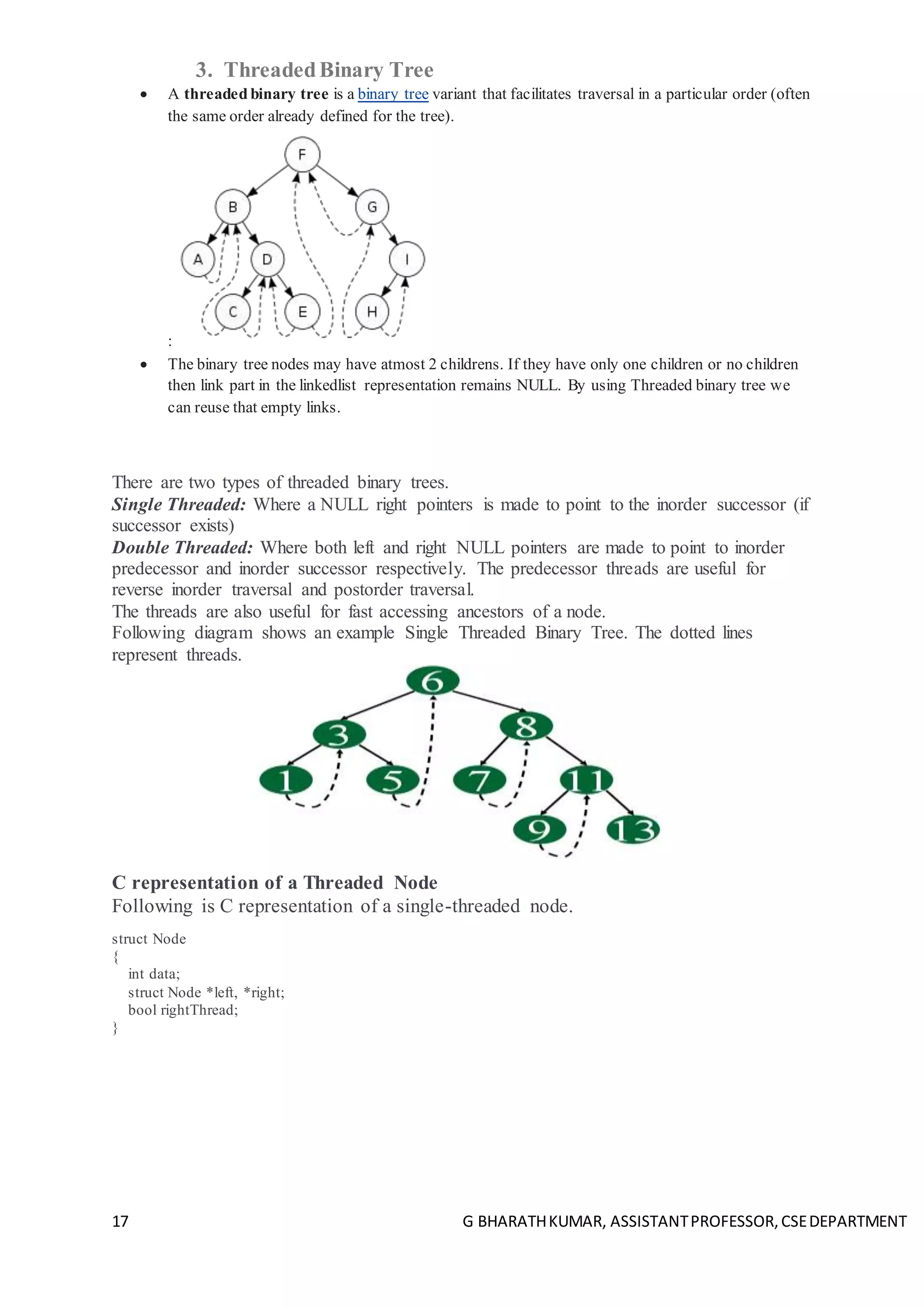 17 G BHARATHKUMAR, ASSISTANTPROFESSOR,CSEDEPARTMENT
3. ThreadedBinary Tree
 A threaded binary tree is a binary tree variant that facilitates traversal in a particular order (often
the same order already defined for the tree).
:
 The binary tree nodes may have atmost 2 childrens. If they have only one children or no children
then link part in the linkedlist representation remains NULL. By using Threaded binary tree we
can reuse that empty links.
There are two types of threaded binary trees.
Single Threaded: Where a NULL right pointers is made to point to the inorder successor (if
successor exists)
Double Threaded: Where both left and right NULL pointers are made to point to inorder
predecessor and inorder successor respectively. The predecessor threads are useful for
reverse inorder traversal and postorder traversal.
The threads are also useful for fast accessing ancestors of a node.
Following diagram shows an example Single Threaded Binary Tree. The dotted lines
represent threads.
C representation of a Threaded Node
Following is C representation of a single-threaded node.
struct Node
{
int data;
struct Node *left, *right;
bool rightThread;
}
 