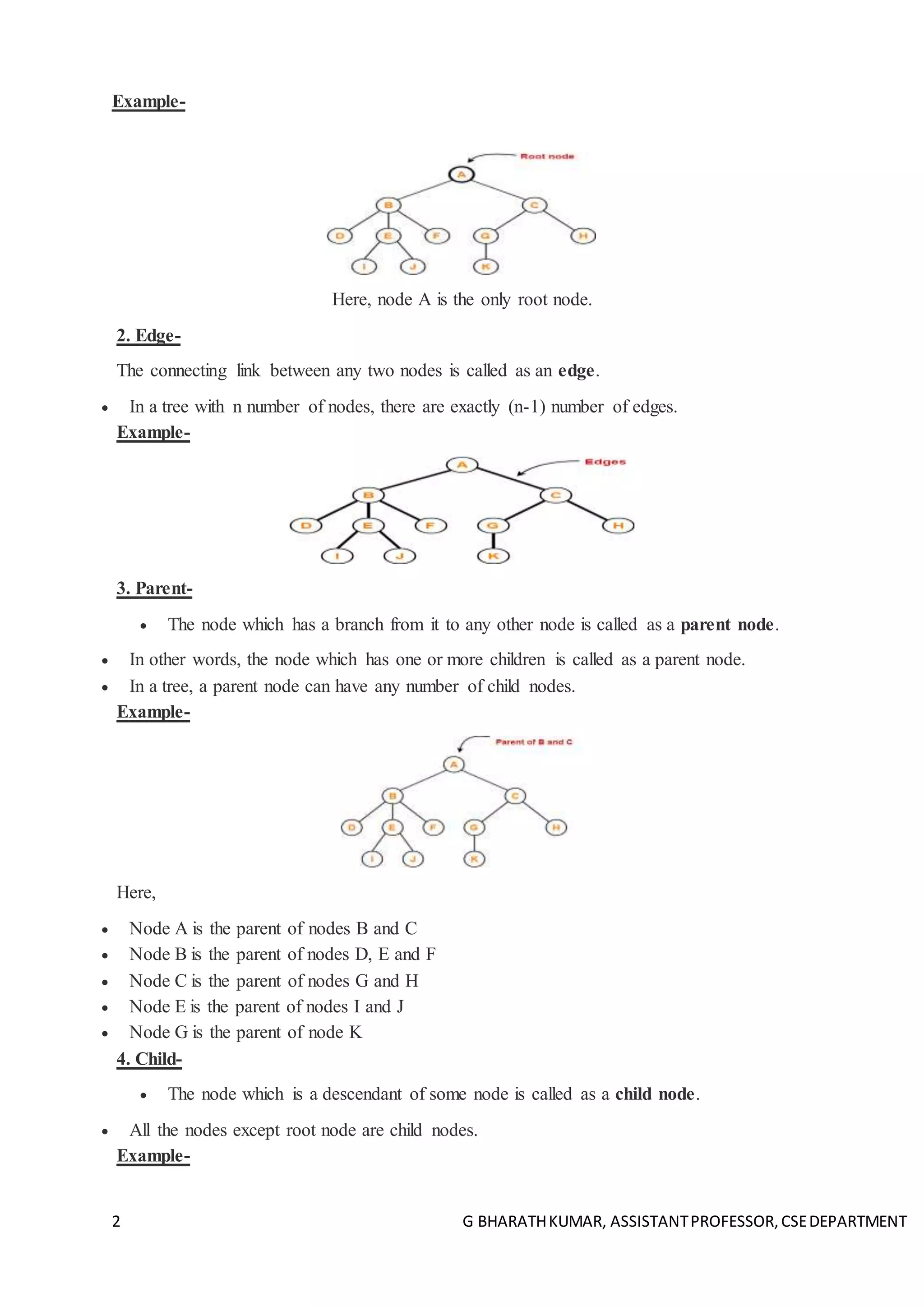 2 G BHARATHKUMAR, ASSISTANTPROFESSOR,CSEDEPARTMENT
Example-
Here, node A is the only root node.
2. Edge-
The connecting link between any two nodes is called as an edge.
 In a tree with n number of nodes, there are exactly (n-1) number of edges.
Example-
3. Parent-
 The node which has a branch from it to any other node is called as a parent node.
 In other words, the node which has one or more children is called as a parent node.
 In a tree, a parent node can have any number of child nodes.
Example-
Here,
 Node A is the parent of nodes B and C
 Node B is the parent of nodes D, E and F
 Node C is the parent of nodes G and H
 Node E is the parent of nodes I and J
 Node G is the parent of node K
4. Child-
 The node which is a descendant of some node is called as a child node.
 All the nodes except root node are child nodes.
Example-
 