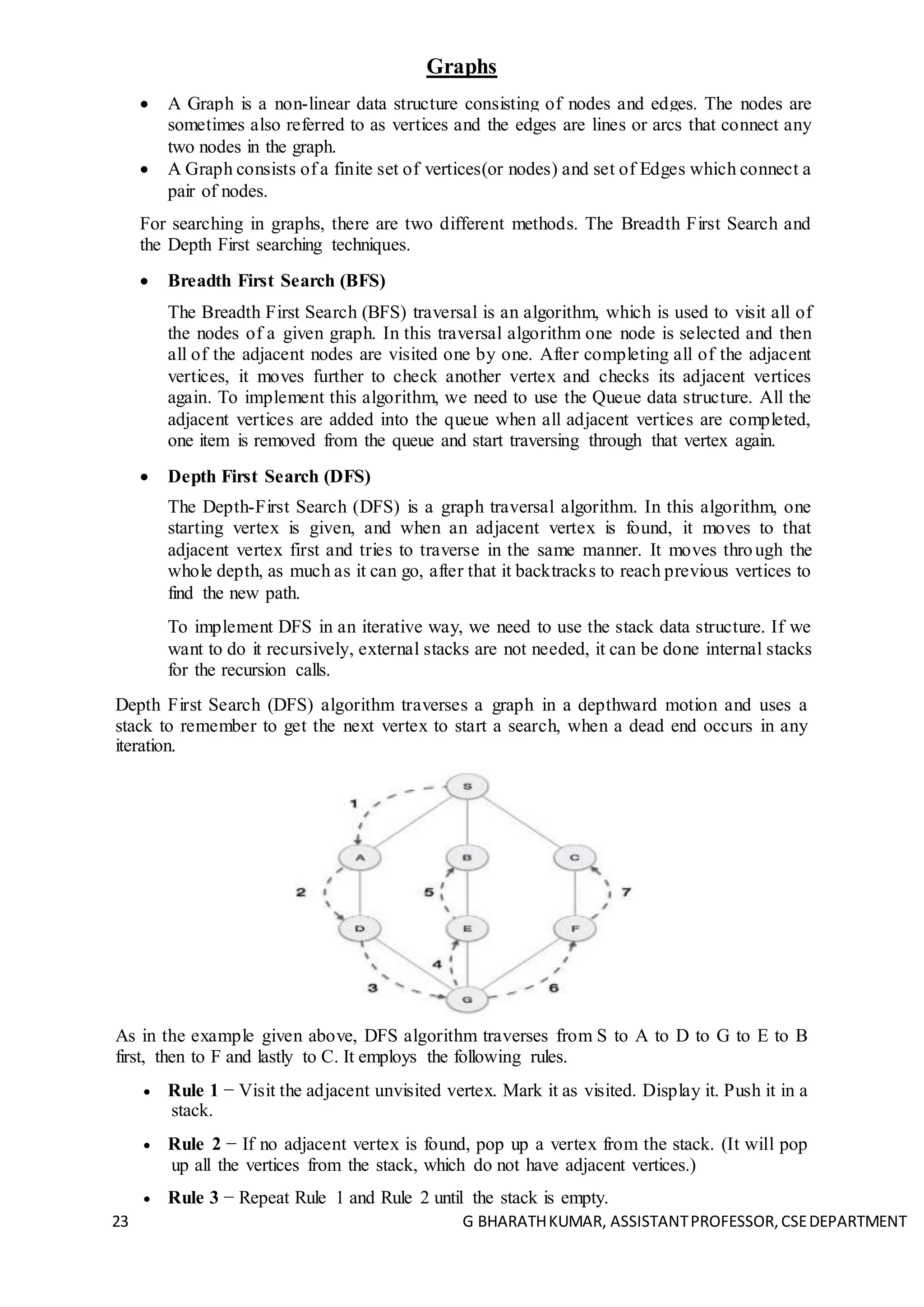 23 G BHARATHKUMAR, ASSISTANTPROFESSOR,CSEDEPARTMENT
Graphs
 A Graph is a non-linear data structure consisting of nodes and edges. The nodes are
sometimes also referred to as vertices and the edges are lines or arcs that connect any
two nodes in the graph.
 A Graph consists of a finite set of vertices(or nodes) and set of Edges which connect a
pair of nodes.
For searching in graphs, there are two different methods. The Breadth First Search and
the Depth First searching techniques.
 Breadth First Search (BFS)
The Breadth First Search (BFS) traversal is an algorithm, which is used to visit all of
the nodes of a given graph. In this traversal algorithm one node is selected and then
all of the adjacent nodes are visited one by one. After completing all of the adjacent
vertices, it moves further to check another vertex and checks its adjacent vertices
again. To implement this algorithm, we need to use the Queue data structure. All the
adjacent vertices are added into the queue when all adjacent vertices are completed,
one item is removed from the queue and start traversing through that vertex again.
 Depth First Search (DFS)
The Depth-First Search (DFS) is a graph traversal algorithm. In this algorithm, one
starting vertex is given, and when an adjacent vertex is found, it moves to that
adjacent vertex first and tries to traverse in the same manner. It moves through the
whole depth, as much as it can go, after that it backtracks to reach previous vertices to
find the new path.
To implement DFS in an iterative way, we need to use the stack data structure. If we
want to do it recursively, external stacks are not needed, it can be done internal stacks
for the recursion calls.
Depth First Search (DFS) algorithm traverses a graph in a depthward motion and uses a
stack to remember to get the next vertex to start a search, when a dead end occurs in any
iteration.
As in the example given above, DFS algorithm traverses from S to A to D to G to E to B
first, then to F and lastly to C. It employs the following rules.
 Rule 1 − Visit the adjacent unvisited vertex. Mark it as visited. Display it. Push it in a
stack.
 Rule 2 − If no adjacent vertex is found, pop up a vertex from the stack. (It will pop
up all the vertices from the stack, which do not have adjacent vertices.)
 Rule 3 − Repeat Rule 1 and Rule 2 until the stack is empty.
 
