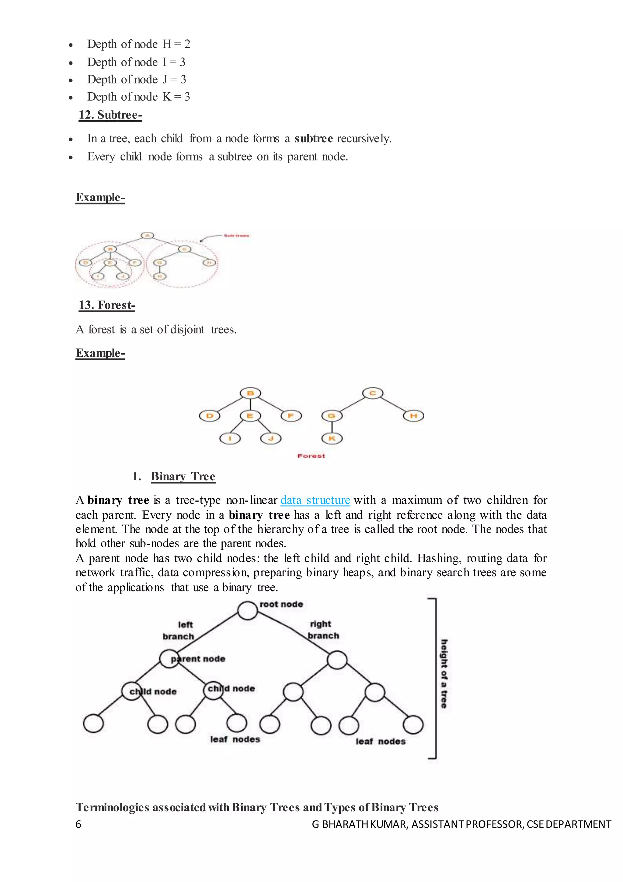 6 G BHARATHKUMAR, ASSISTANTPROFESSOR,CSEDEPARTMENT
 Depth of node H = 2
 Depth of node I = 3
 Depth of node J = 3
 Depth of node K = 3
12. Subtree-
 In a tree, each child from a node forms a subtree recursively.
 Every child node forms a subtree on its parent node.
Example-
13. Forest-
A forest is a set of disjoint trees.
Example-
1. Binary Tree
A binary tree is a tree-type non-linear data structure with a maximum of two children for
each parent. Every node in a binary tree has a left and right reference along with the data
element. The node at the top of the hierarchy of a tree is called the root node. The nodes that
hold other sub-nodes are the parent nodes.
A parent node has two child nodes: the left child and right child. Hashing, routing data for
network traffic, data compression, preparing binary heaps, and binary search trees are some
of the applications that use a binary tree.
Terminologies associatedwithBinary Trees andTypes of Binary Trees
 