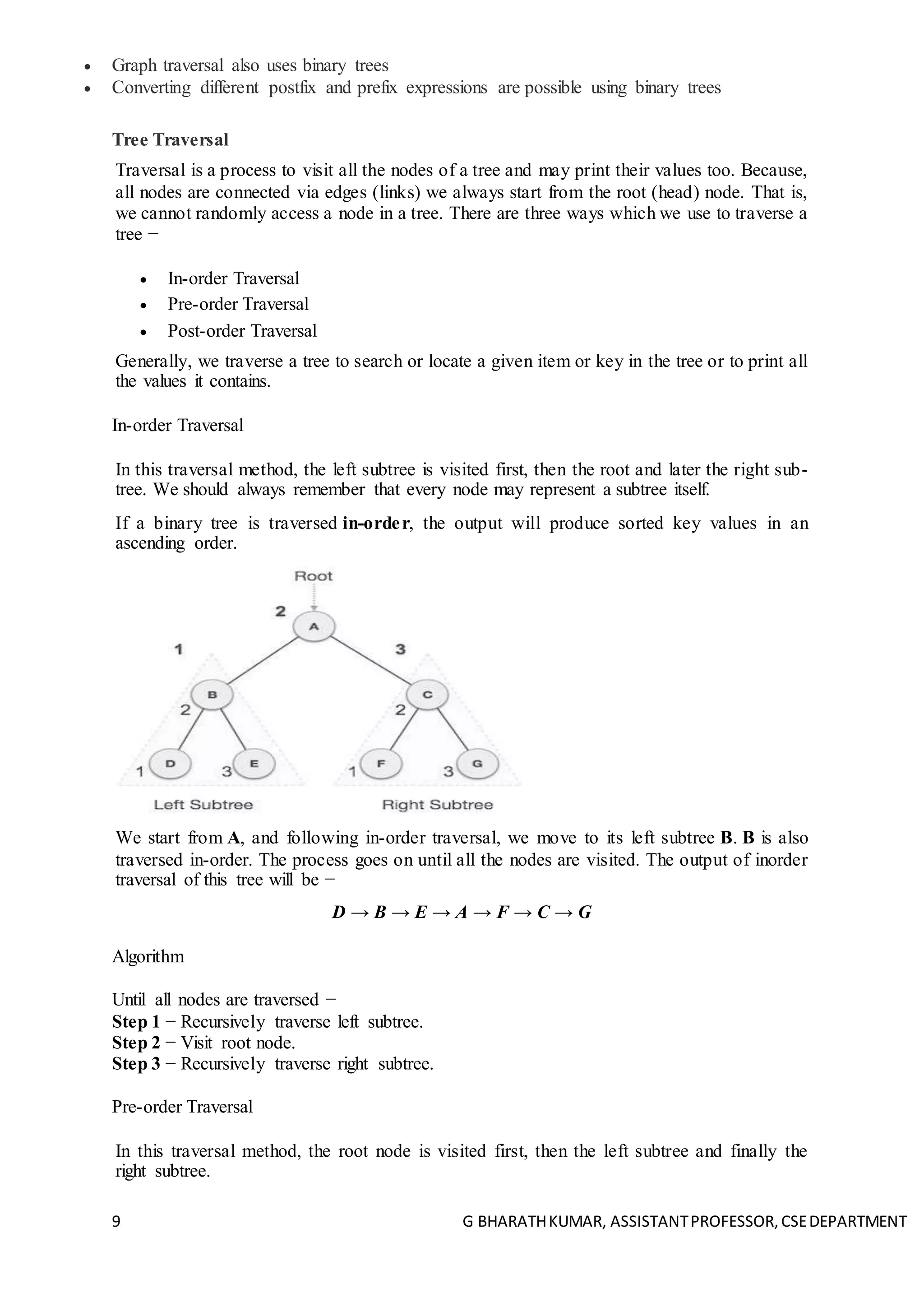 9 G BHARATHKUMAR, ASSISTANTPROFESSOR,CSEDEPARTMENT
 Graph traversal also uses binary trees
 Converting different postfix and prefix expressions are possible using binary trees
Tree Traversal
Traversal is a process to visit all the nodes of a tree and may print their values too. Because,
all nodes are connected via edges (links) we always start from the root (head) node. That is,
we cannot randomly access a node in a tree. There are three ways which we use to traverse a
tree −
 In-order Traversal
 Pre-order Traversal
 Post-order Traversal
Generally, we traverse a tree to search or locate a given item or key in the tree or to print all
the values it contains.
In-order Traversal
In this traversal method, the left subtree is visited first, then the root and later the right sub-
tree. We should always remember that every node may represent a subtree itself.
If a binary tree is traversed in-order, the output will produce sorted key values in an
ascending order.
We start from A, and following in-order traversal, we move to its left subtree B. B is also
traversed in-order. The process goes on until all the nodes are visited. The output of inorder
traversal of this tree will be −
D → B → E → A → F → C → G
Algorithm
Until all nodes are traversed −
Step 1 − Recursively traverse left subtree.
Step 2 − Visit root node.
Step 3 − Recursively traverse right subtree.
Pre-order Traversal
In this traversal method, the root node is visited first, then the left subtree and finally the
right subtree.
 