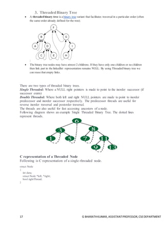 17 G BHARATHKUMAR, ASSISTANTPROFESSOR,CSEDEPARTMENT
3. ThreadedBinary Tree
 A threaded binary tree is a binary tree variant that facilitates traversal in a particular order (often
the same order already defined for the tree).
:
 The binary tree nodes may have atmost 2 childrens. If they have only one children or no children
then link part in the linkedlist representation remains NULL. By using Threaded binary tree we
can reuse that empty links.
There are two types of threaded binary trees.
Single Threaded: Where a NULL right pointers is made to point to the inorder successor (if
successor exists)
Double Threaded: Where both left and right NULL pointers are made to point to inorder
predecessor and inorder successor respectively. The predecessor threads are useful for
reverse inorder traversal and postorder traversal.
The threads are also useful for fast accessing ancestors of a node.
Following diagram shows an example Single Threaded Binary Tree. The dotted lines
represent threads.
C representation of a Threaded Node
Following is C representation of a single-threaded node.
struct Node
{
int data;
struct Node *left, *right;
bool rightThread;
}
 