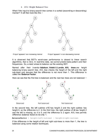 19 G BHARATHKUMAR, ASSISTANTPROFESSOR,CSEDEPARTMENT
4. AVL/ Height Balanced Tree
What if the input to binary search tree comes in a sorted (ascending or descending)
manner? It will then look like this −
It is observed that BST's worst-case performance is closest to linear search
algorithms, that is Ο(n). In real-time data, we cannot predict data pattern and their
frequencies. So, a need arises to balance out the existing BST.
Named after their inventor Adelson, Velski & Landis, AVL trees are height
balancing binary search tree. AVL tree checks the height of the left and the right
sub-trees and assures that the difference is not more than 1. This difference is
called the Balance Factor.
Here we see that the first tree is balanced and the next two trees are not balanced −
In the second tree, the left subtree of C has height 2 and the right subtree has
height 0, so the difference is 2. In the third tree, the right subtree of A has height 2
and the left is missing, so it is 0, and the difference is 2 again. AVL tree permits
difference (balance factor) to be only 1.
BalanceFactor = height(left-sutree) − height(right-sutree)
If the difference in the height of left and right sub-trees is more than 1, the tree is
balanced using some rotation techniques.
 