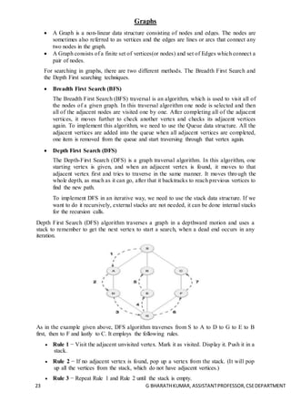 23 G BHARATHKUMAR, ASSISTANTPROFESSOR,CSEDEPARTMENT
Graphs
 A Graph is a non-linear data structure consisting of nodes and edges. The nodes are
sometimes also referred to as vertices and the edges are lines or arcs that connect any
two nodes in the graph.
 A Graph consists of a finite set of vertices(or nodes) and set of Edges which connect a
pair of nodes.
For searching in graphs, there are two different methods. The Breadth First Search and
the Depth First searching techniques.
 Breadth First Search (BFS)
The Breadth First Search (BFS) traversal is an algorithm, which is used to visit all of
the nodes of a given graph. In this traversal algorithm one node is selected and then
all of the adjacent nodes are visited one by one. After completing all of the adjacent
vertices, it moves further to check another vertex and checks its adjacent vertices
again. To implement this algorithm, we need to use the Queue data structure. All the
adjacent vertices are added into the queue when all adjacent vertices are completed,
one item is removed from the queue and start traversing through that vertex again.
 Depth First Search (DFS)
The Depth-First Search (DFS) is a graph traversal algorithm. In this algorithm, one
starting vertex is given, and when an adjacent vertex is found, it moves to that
adjacent vertex first and tries to traverse in the same manner. It moves through the
whole depth, as much as it can go, after that it backtracks to reach previous vertices to
find the new path.
To implement DFS in an iterative way, we need to use the stack data structure. If we
want to do it recursively, external stacks are not needed, it can be done internal stacks
for the recursion calls.
Depth First Search (DFS) algorithm traverses a graph in a depthward motion and uses a
stack to remember to get the next vertex to start a search, when a dead end occurs in any
iteration.
As in the example given above, DFS algorithm traverses from S to A to D to G to E to B
first, then to F and lastly to C. It employs the following rules.
 Rule 1 − Visit the adjacent unvisited vertex. Mark it as visited. Display it. Push it in a
stack.
 Rule 2 − If no adjacent vertex is found, pop up a vertex from the stack. (It will pop
up all the vertices from the stack, which do not have adjacent vertices.)
 Rule 3 − Repeat Rule 1 and Rule 2 until the stack is empty.
 
