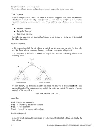 9 G BHARATHKUMAR, ASSISTANTPROFESSOR,CSEDEPARTMENT
 Graph traversal also uses binary trees
 Converting different postfix and prefix expressions are possible using binary trees
Tree Traversal
Traversal is a process to visit all the nodes of a tree and may print their values too. Because,
all nodes are connected via edges (links) we always start from the root (head) node. That is,
we cannot randomly access a node in a tree. There are three ways which we use to traverse a
tree −
 In-order Traversal
 Pre-order Traversal
 Post-order Traversal
Generally, we traverse a tree to search or locate a given item or key in the tree or to print all
the values it contains.
In-order Traversal
In this traversal method, the left subtree is visited first, then the root and later the right sub-
tree. We should always remember that every node may represent a subtree itself.
If a binary tree is traversed in-order, the output will produce sorted key values in an
ascending order.
We start from A, and following in-order traversal, we move to its left subtree B. B is also
traversed in-order. The process goes on until all the nodes are visited. The output of inorder
traversal of this tree will be −
D → B → E → A → F → C → G
Algorithm
Until all nodes are traversed −
Step 1 − Recursively traverse left subtree.
Step 2 − Visit root node.
Step 3 − Recursively traverse right subtree.
Pre-order Traversal
In this traversal method, the root node is visited first, then the left subtree and finally the
right subtree.
 