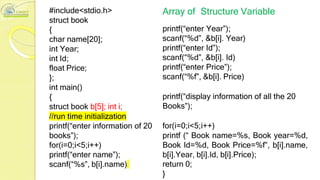 #include<stdio.h>
struct book
{
char name[20];
int Year;
int Id;
float Price;
};
int main()
{
struct book b[5]; int i;
//run time initialization
printf(“enter information of 20
books”);
for(i=0;i<5;i++)
printf(“enter name”);
scanf(“%s”, b[i].name)
Array of Structure Variable
printf(“enter Year”);
scanf(“%d”, &b[i]. Year)
printf(“enter Id”);
scanf(“%d”, &b[i]. Id)
printf(“enter Price”);
scanf(“%f”, &b[i]. Price)
printf(“display information of all the 20
Books”);
for(i=0;i<5;i++)
printf (“ Book name=%s, Book year=%d,
Book Id=%d, Book Price=%f”, b[i].name,
b[i].Year, b[i].Id, b[i].Price);
return 0;
}
 