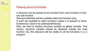 Passing struct to function
A structure can be passed to any function from main function or from
any sub function.
Structure definition will be available within the function only.
It won’t be available to other functions unless it is passed to those
functions by value or by address(reference).
Else, we have to declare structure variable as global variable. That
means, structure variable should be declared outside the main
function. So, this structure will be visible to all the functions in a C
program.
 