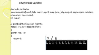 enumerated variable
#include <stdio.h>
enum months{jan=1, feb, march, april, may, june, july, august, september, october,
november, december};
int main()
{
// printing the values of months
for(int i=jan;i<=december;i++)
{
printf("%d, ",i);
}
return 0;
}
 