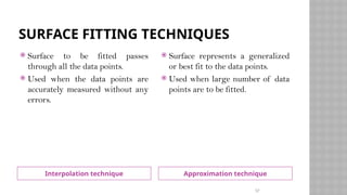 SURFACE FITTING TECHNIQUES
Interpolation technique Approximation technique
 Surface to be fitted passes
through all the data points.
 Used when the data points are
accurately measured without any
errors.
 Surface represents a generalized
or best fit to the data points.
 Used when large number of data
points are to be fitted.
57
 