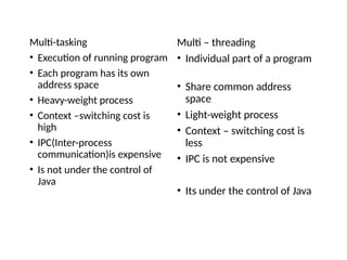 Multi-tasking
• Execution of running program
• Each program has its own
address space
• Heavy-weight process
• Context –switching cost is
high
• IPC(Inter-process
communication)is expensive
• Is not under the control of
Java
Multi – threading
• Individual part of a program
• Share common address
space
• Light-weight process
• Context – switching cost is
less
• IPC is not expensive
• Its under the control of Java
 