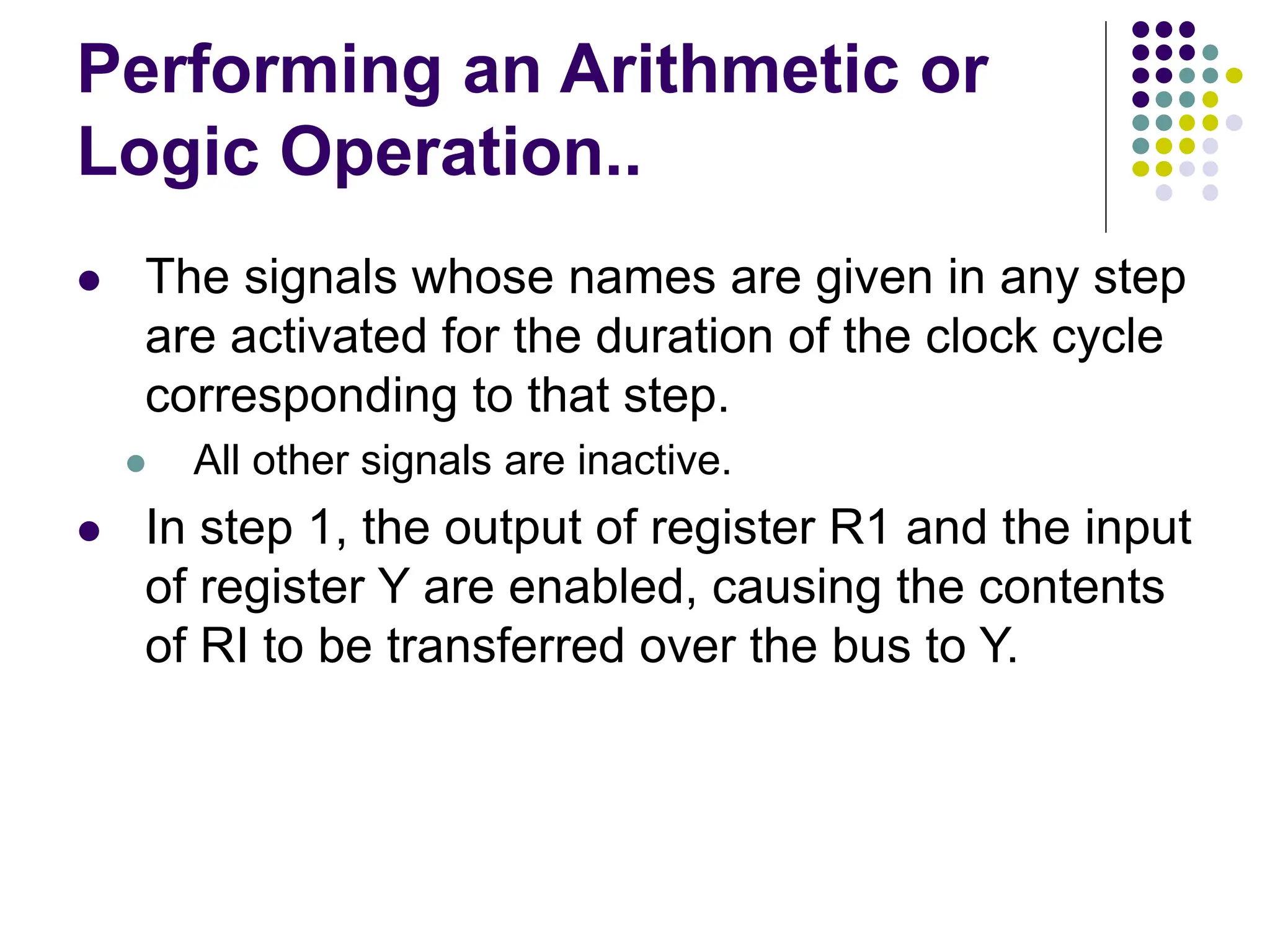 Performing an Arithmetic or
Logic Operation..
⚫ The signals whose names are given in any step
are activated for the duration of the clock cycle
corresponding to that step.
⚫ All other signals are inactive.
⚫ In step 1, the output of register R1 and the input
of register Y are enabled, causing the contents
of RI to be transferred over the bus to Y.
 