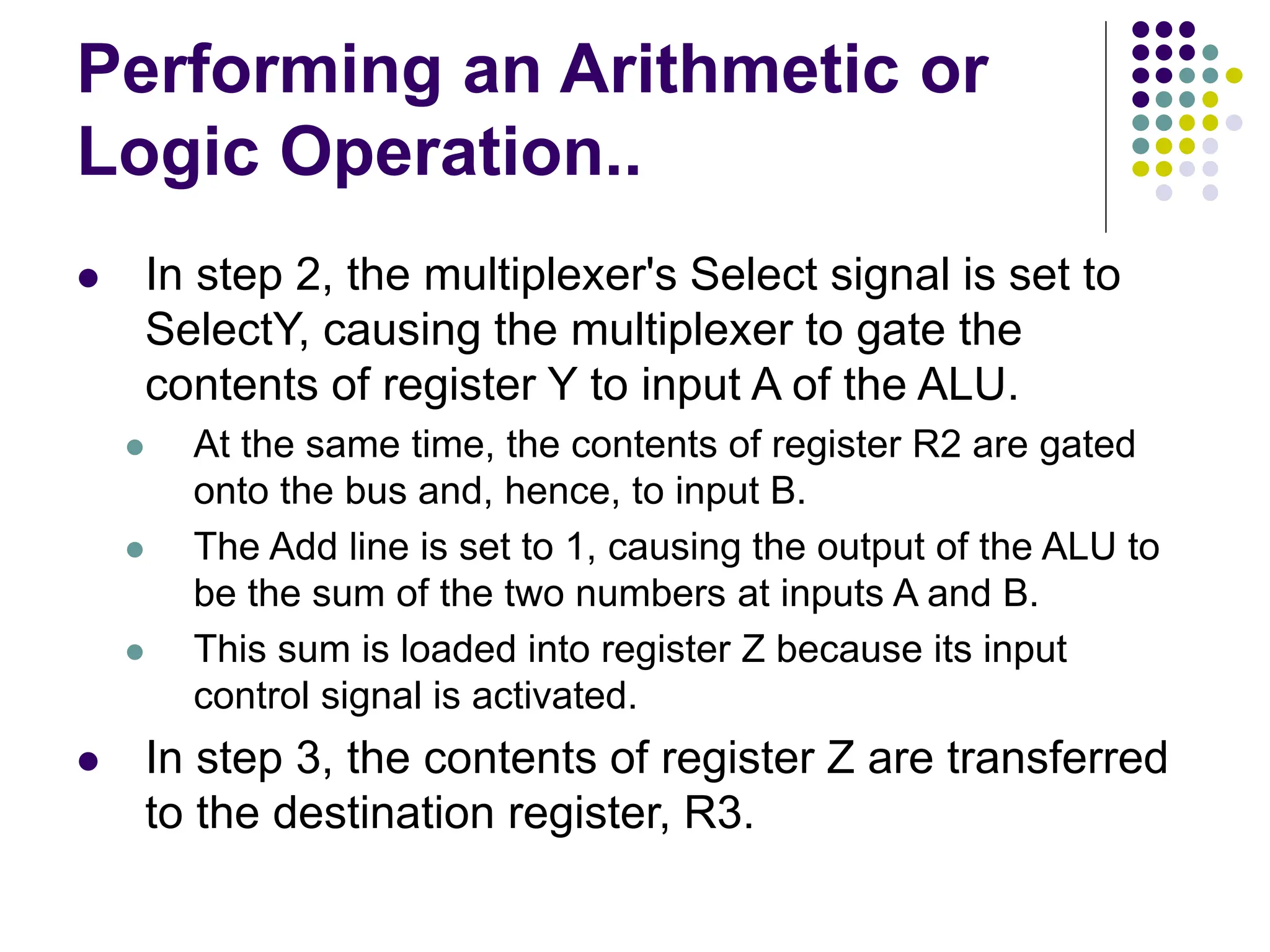 Performing an Arithmetic or
Logic Operation..
⚫ In step 2, the multiplexer's Select signal is set to
SelectY, causing the multiplexer to gate the
contents of register Y to input A of the ALU.
⚫ At the same time, the contents of register R2 are gated
onto the bus and, hence, to input B.
⚫ The Add line is set to 1, causing the output of the ALU to
be the sum of the two numbers at inputs A and B.
⚫ This sum is loaded into register Z because its input
control signal is activated.
⚫ In step 3, the contents of register Z are transferred
to the destination register, R3.
 
