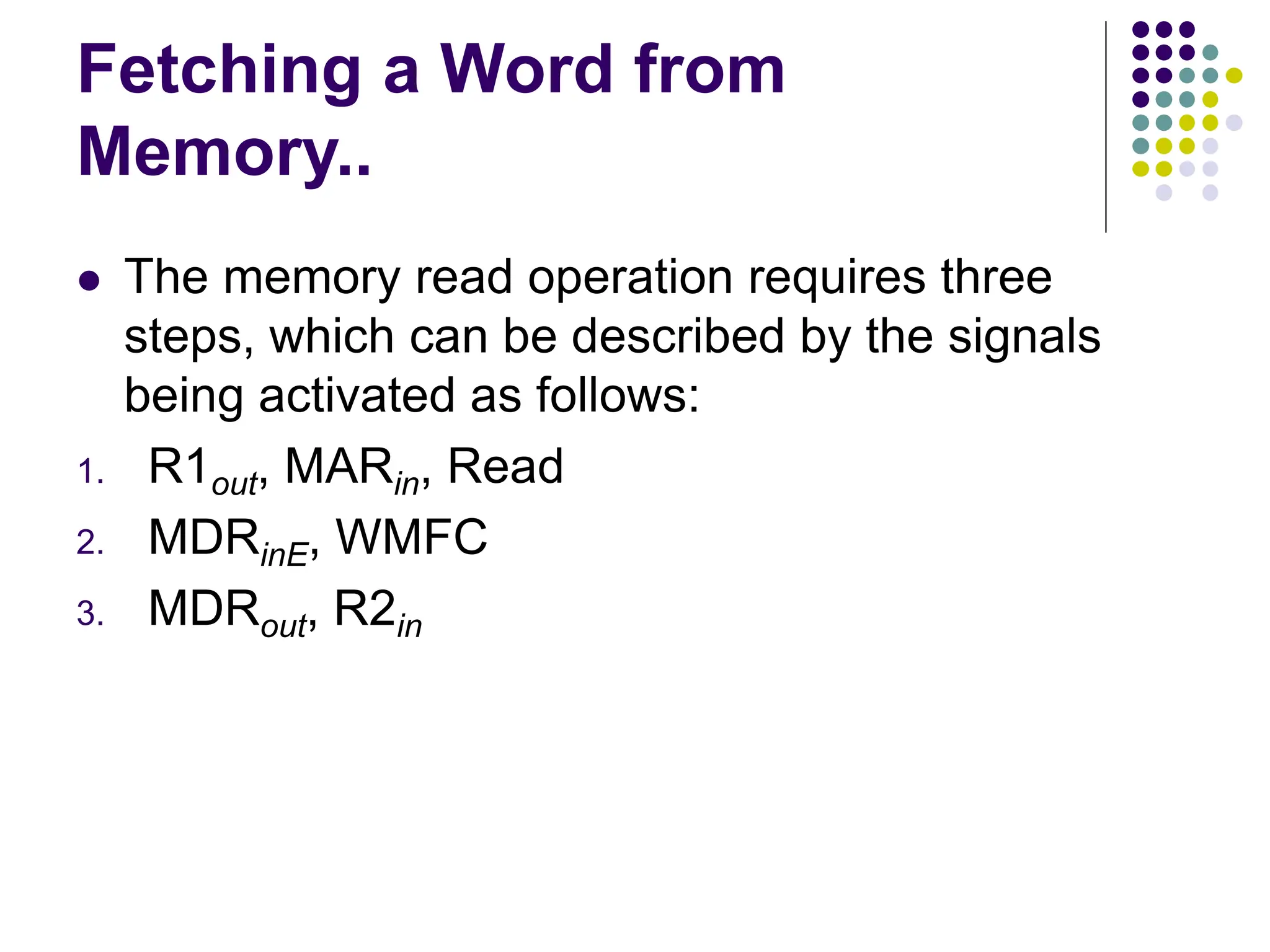 Fetching a Word from
Memory..
⚫ The memory read operation requires three
steps, which can be described by the signals
being activated as follows:
1. R1out, MARin, Read
2. MDRinE, WMFC
3. MDRout, R2in
 
