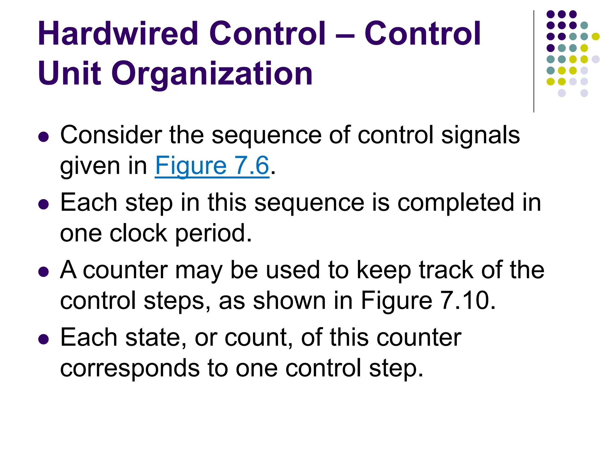 Hardwired Control – Control
Unit Organization
⚫ Consider the sequence of control signals
given in Figure 7.6.
⚫ Each step in this sequence is completed in
one clock period.
⚫ A counter may be used to keep track of the
control steps, as shown in Figure 7.10.
⚫ Each state, or count, of this counter
corresponds to one control step.
 