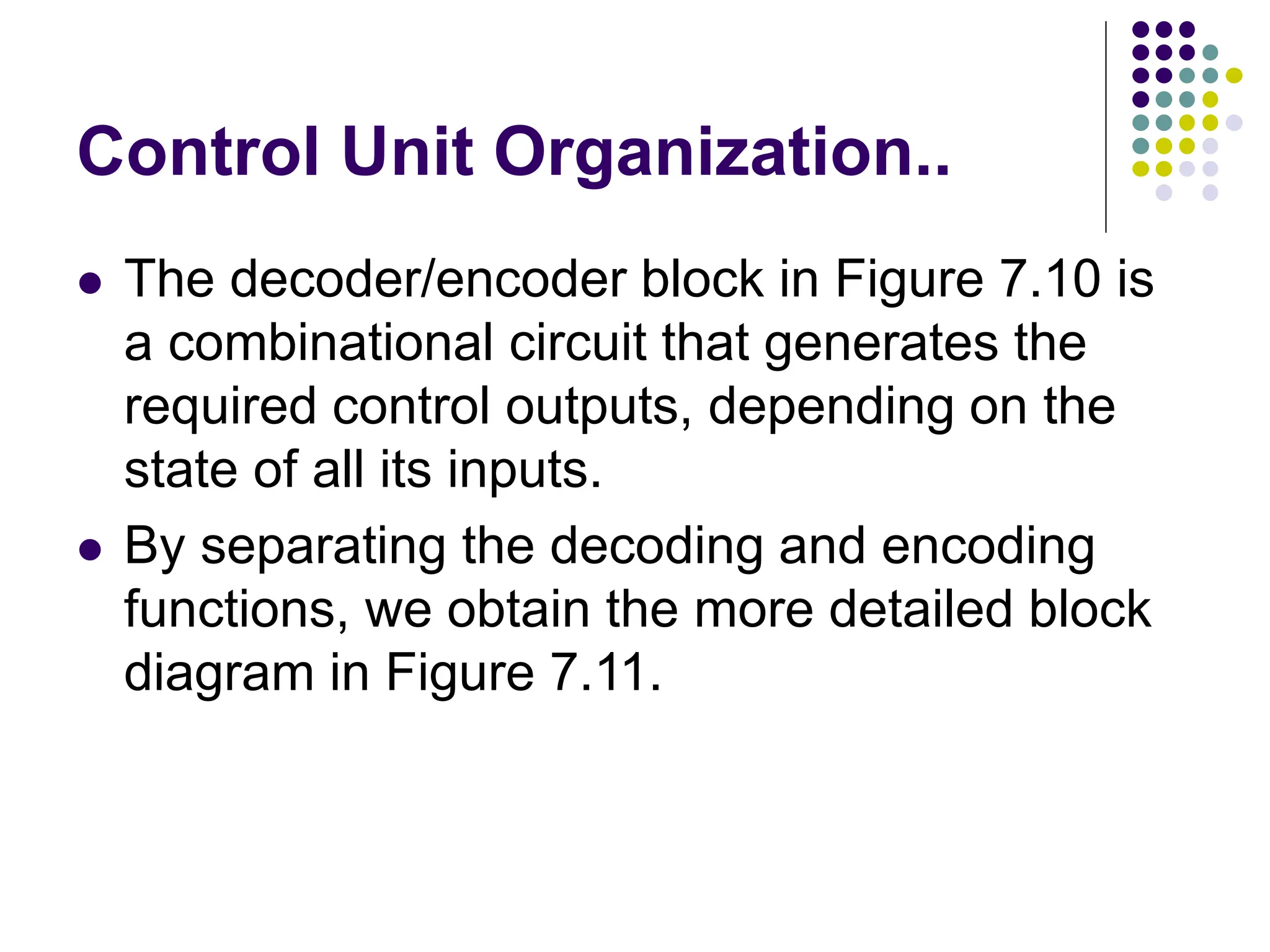 Control Unit Organization..
⚫ The decoder/encoder block in Figure 7.10 is
a combinational circuit that generates the
required control outputs, depending on the
state of all its inputs.
⚫ By separating the decoding and encoding
functions, we obtain the more detailed block
diagram in Figure 7.11.
 