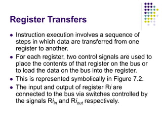 Register Transfers
⚫ Instruction execution involves a sequence of
steps in which data are transferred from one
register to another.
⚫ For each register, two control signals are used to
place the contents of that register on the bus or
to load the data on the bus into the register.
⚫ This is represented symbolically in Figure 7.2.
⚫ The input and output of register Ri are
connected to the bus via switches controlled by
the signals Riin and Riout respectively.
 