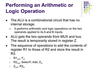 Performing an Arithmetic or
Logic Operation
⚫ The ALU is a combinational circuit that has no
internal storage.
⚫ It performs arithmetic and logic operations on the two
operands applied to its A and B inputs.
⚫ ALU gets the two operands from MUX and bus.
The result is temporarily stored in register Z.
⚫ The sequence of operations to add the contents of
register R1 to those of R2 and store the result in
R3.
1. R1out, Yin
2. R2out, SelectY, Add, Zin
3. Zout, R3in
 